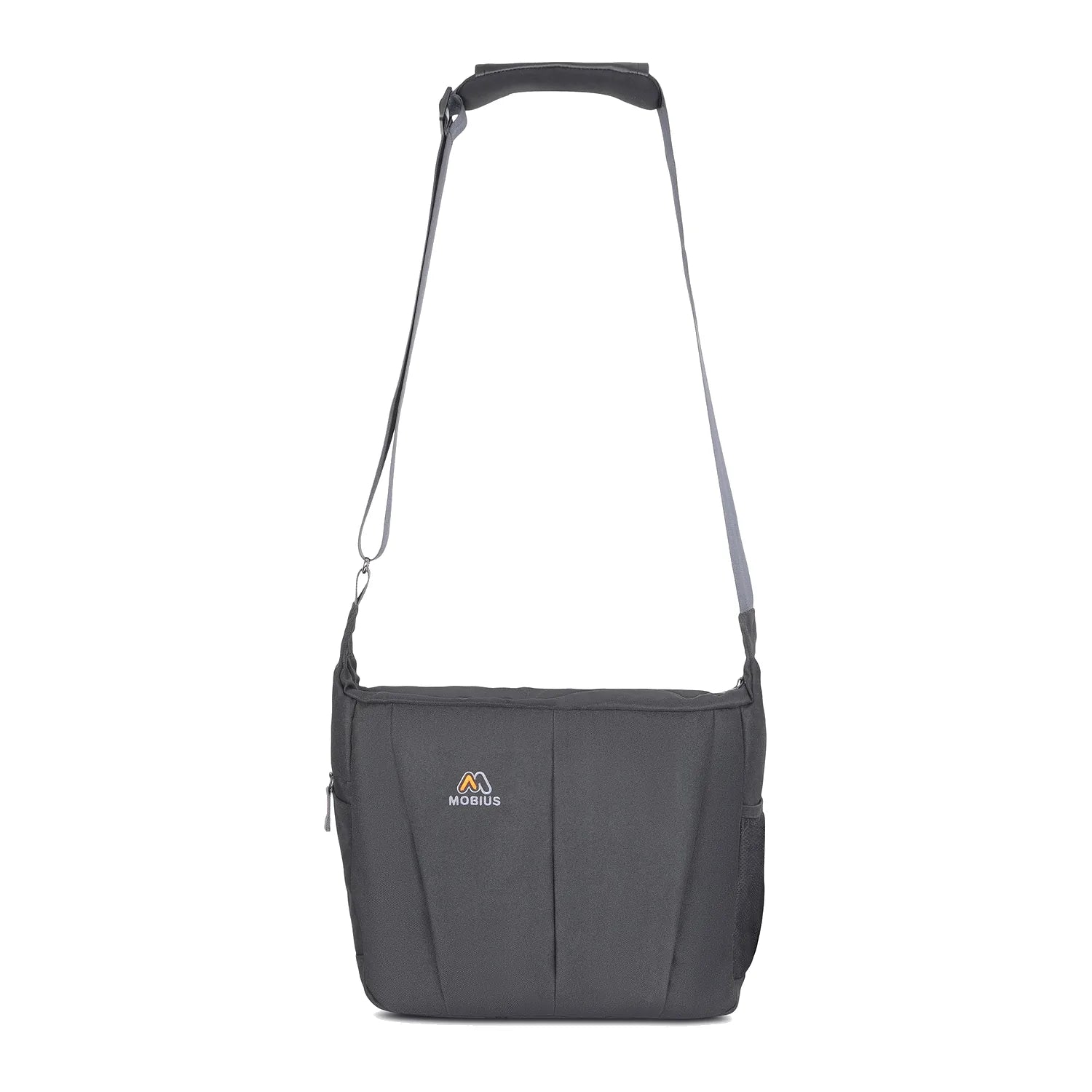 Dark gray sling bag with adjustable strap and front zip pocket for a tablet